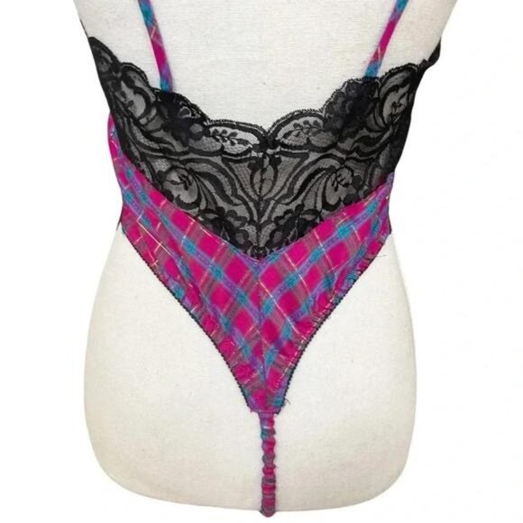 Vintage 1980s Victoria’s Secret Lace & Plaid Thong Teddy Bodysuit - Picture 7 of 10
